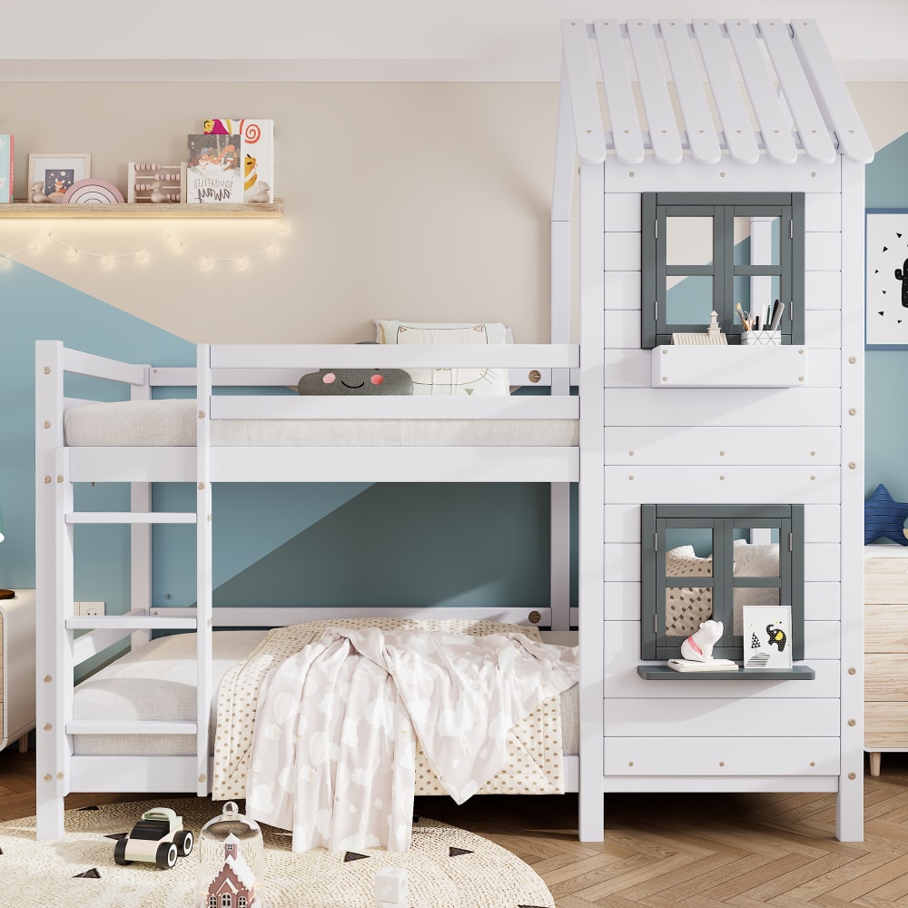 Etagenbett aus Kiefer mit Fenster und Handlauf 90x200 cm,weiß -