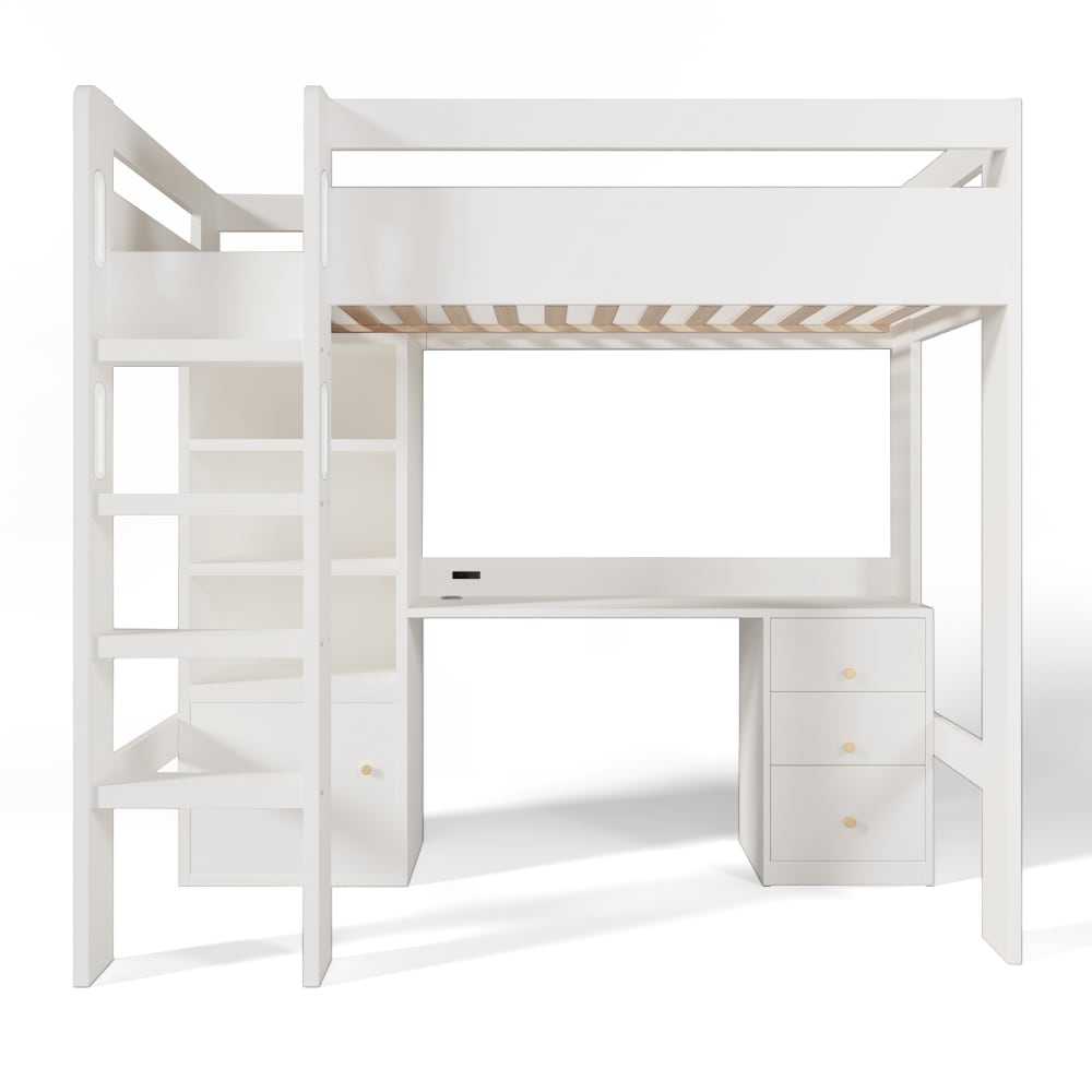Lit mezzanine en bois blanc avec bureau et rangement 90 x 200 cm