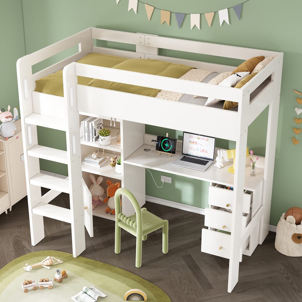 Hochbett aus Massivholz 90x200 cm mit Schreibtisch und Stauraum,