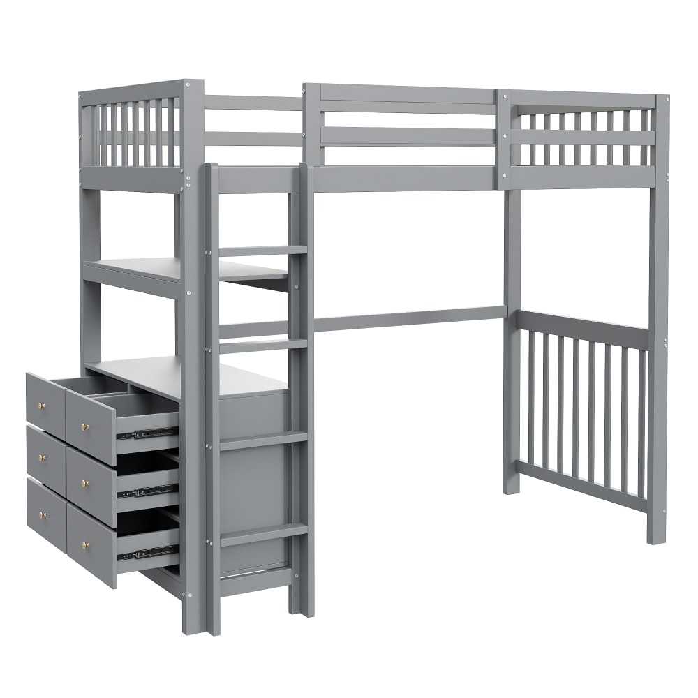 Lit mezzanine en pin gris avec échelle sécurisée 90 x 200 cm