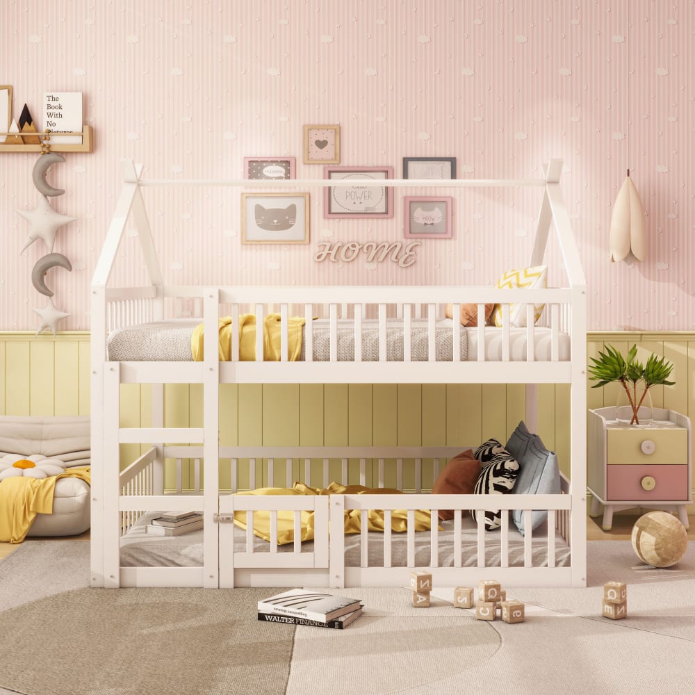 OKWISH Kinder-Etagenbett aus Massivholz mit Treppe 140x200 cm,weiß Baby -