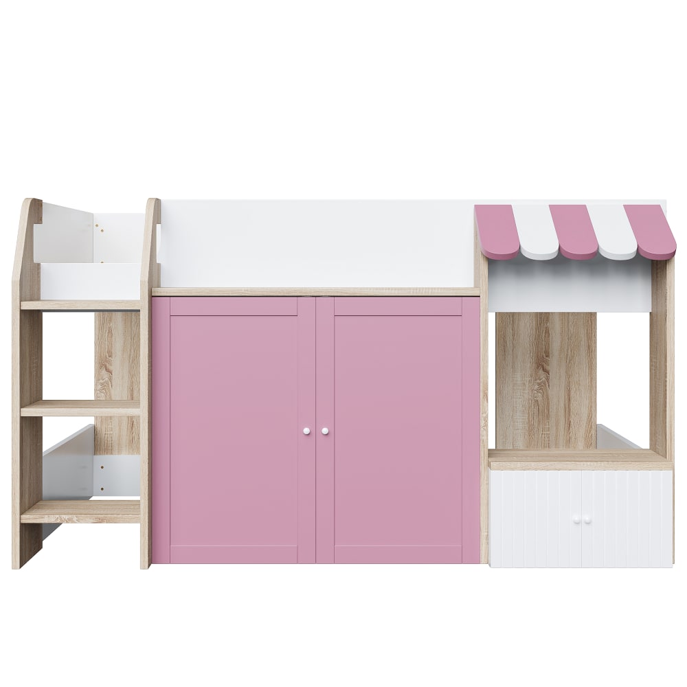Lit surélevé en bois blanc et rose avec rangement 90 x 200 cm