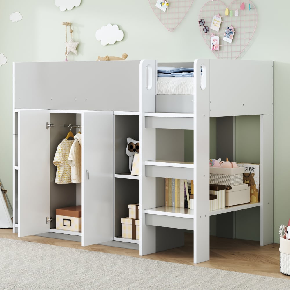 Lit mezzanine en bois gris avec rangement et échelle 90 x 200 cm