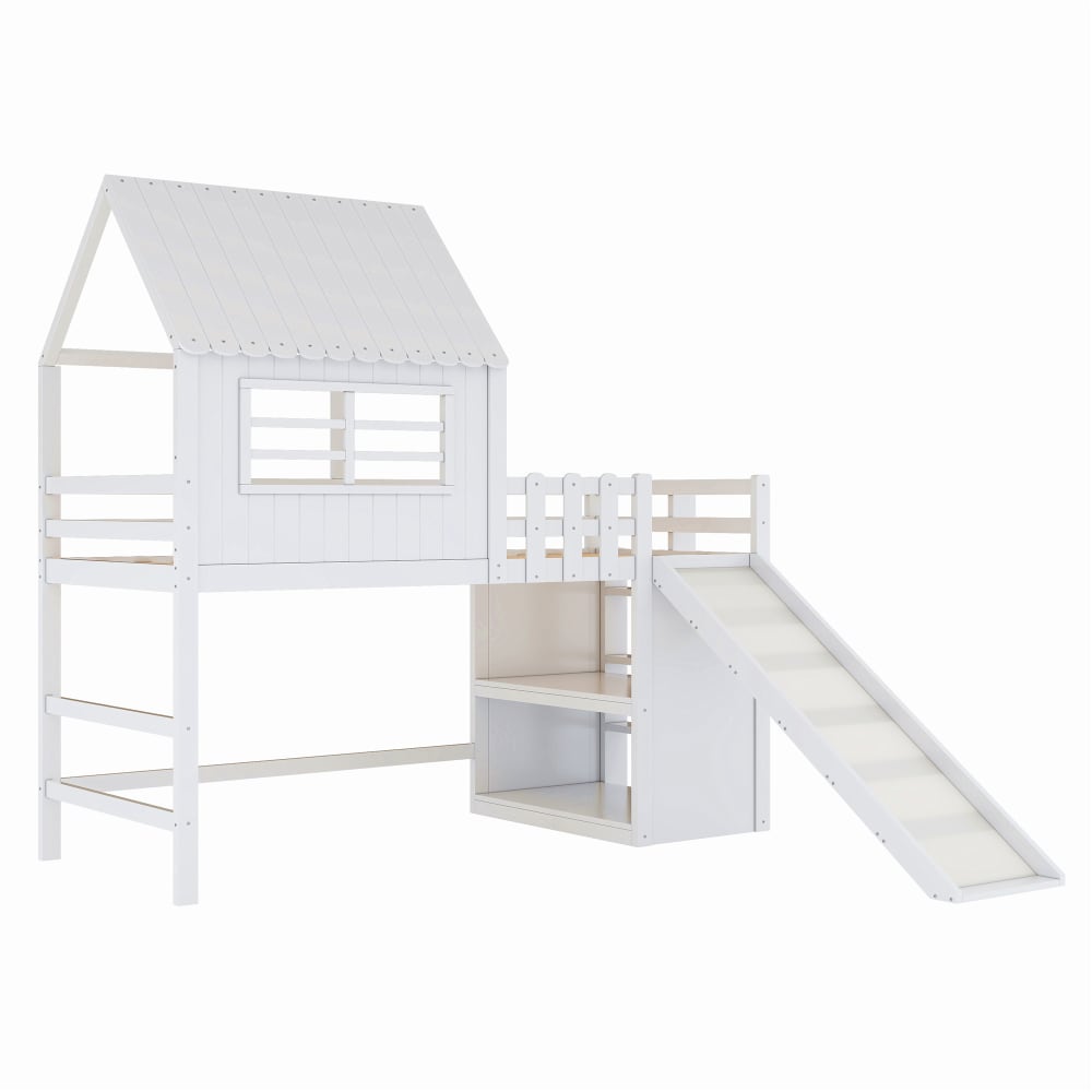 Lit enfant en bois blanc avec rangement et toboggan 90 x 200 cm Lit enfant en bois blanc avec rangement et toboggan 90 x 200 cm