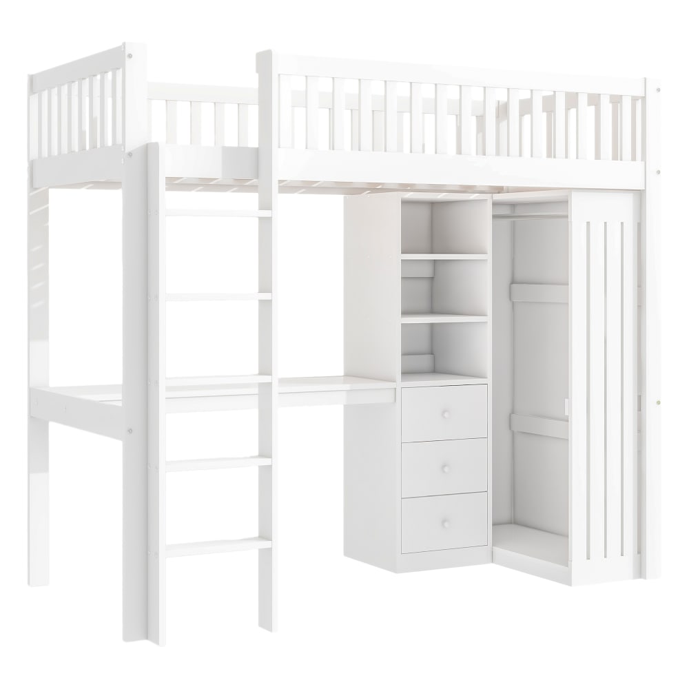 OKWISH Kinder-Hochbett aus Kiefer mit Kleiderschrank 90x200 cm,weiß Holz Baby