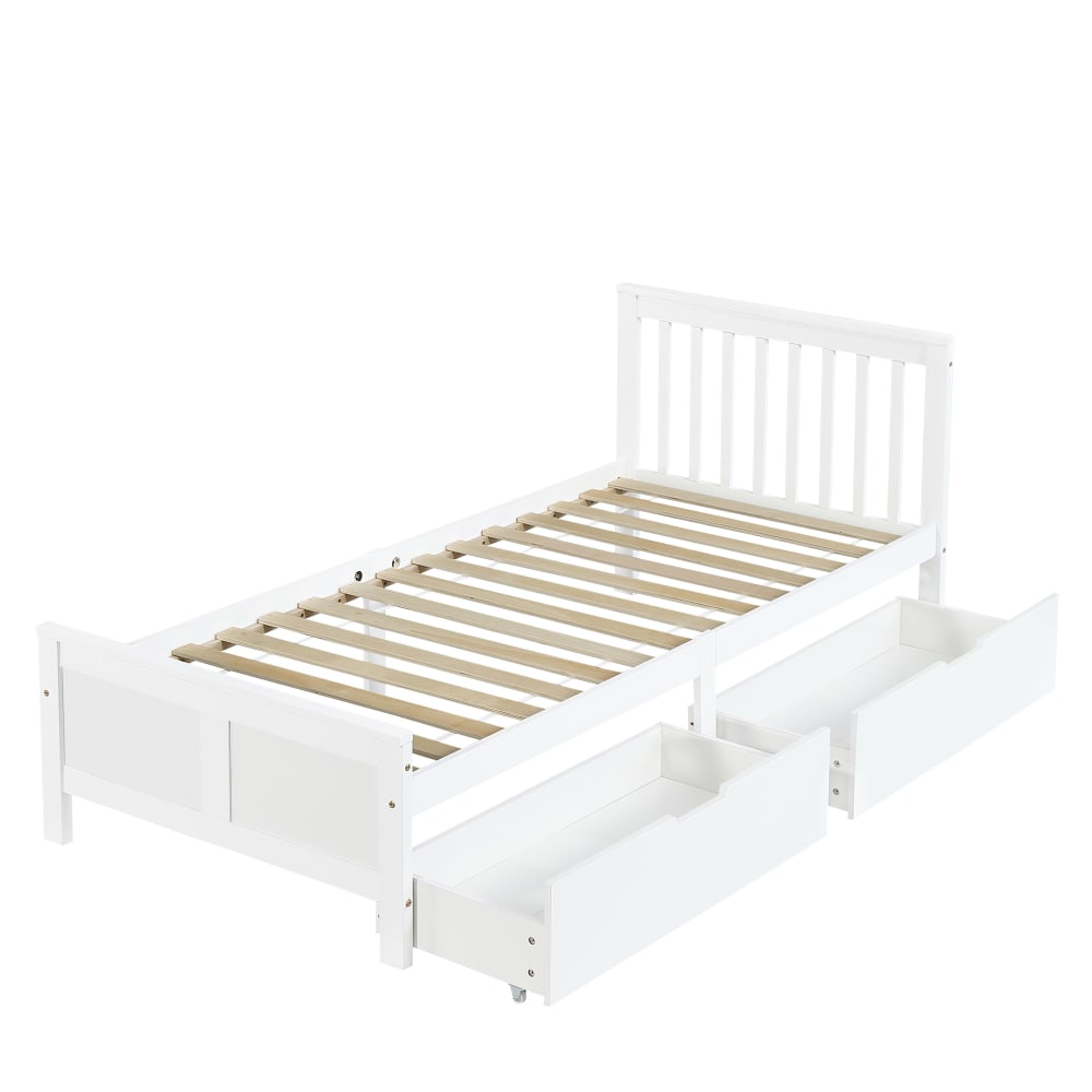 OKWISH Einzelbett 90x200 cm aus Kiefer massiv mit 2 Schubladen, weiß style modern Holz Baby