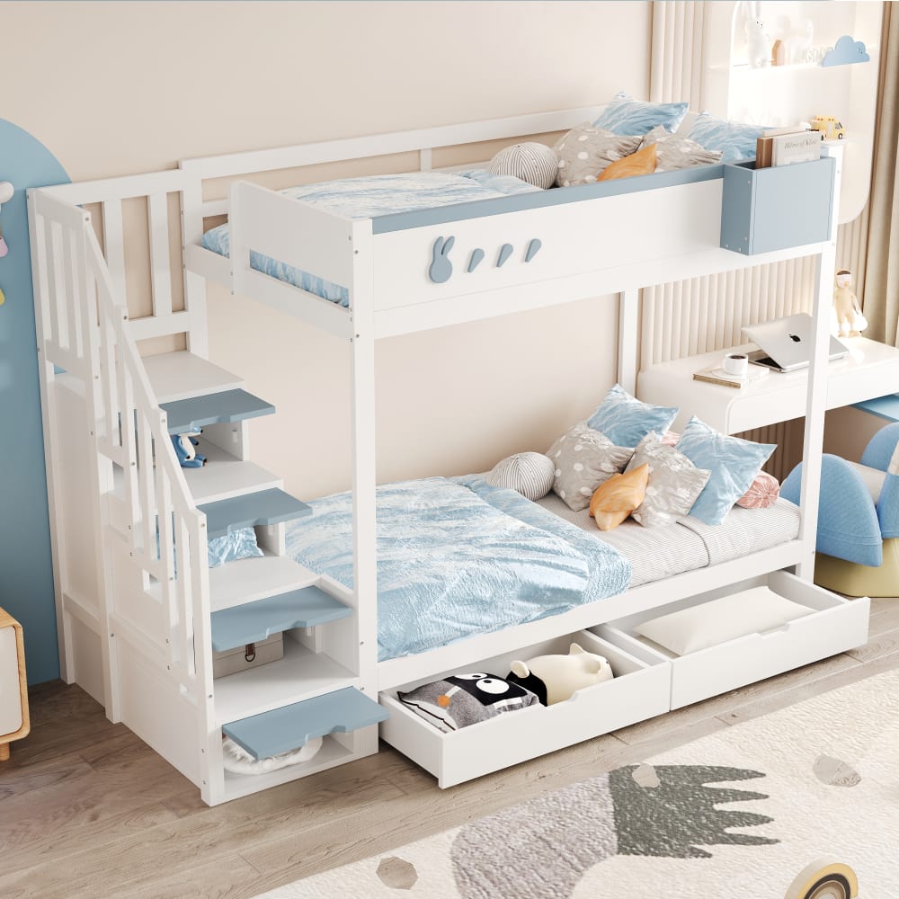Kinder-Etagenbett aus Kiefer mit Kaninchenmotiven 90x200