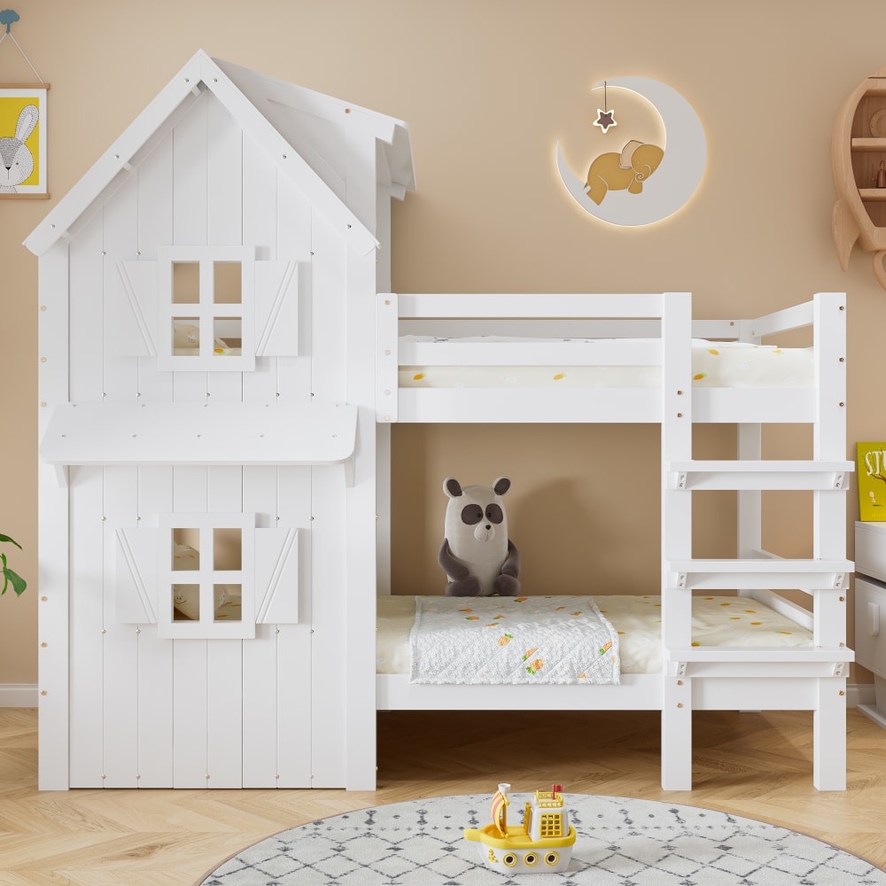 Etagenbett aus Kiefer mit Sicherheitsgeländern 90x200 cm，weiß -