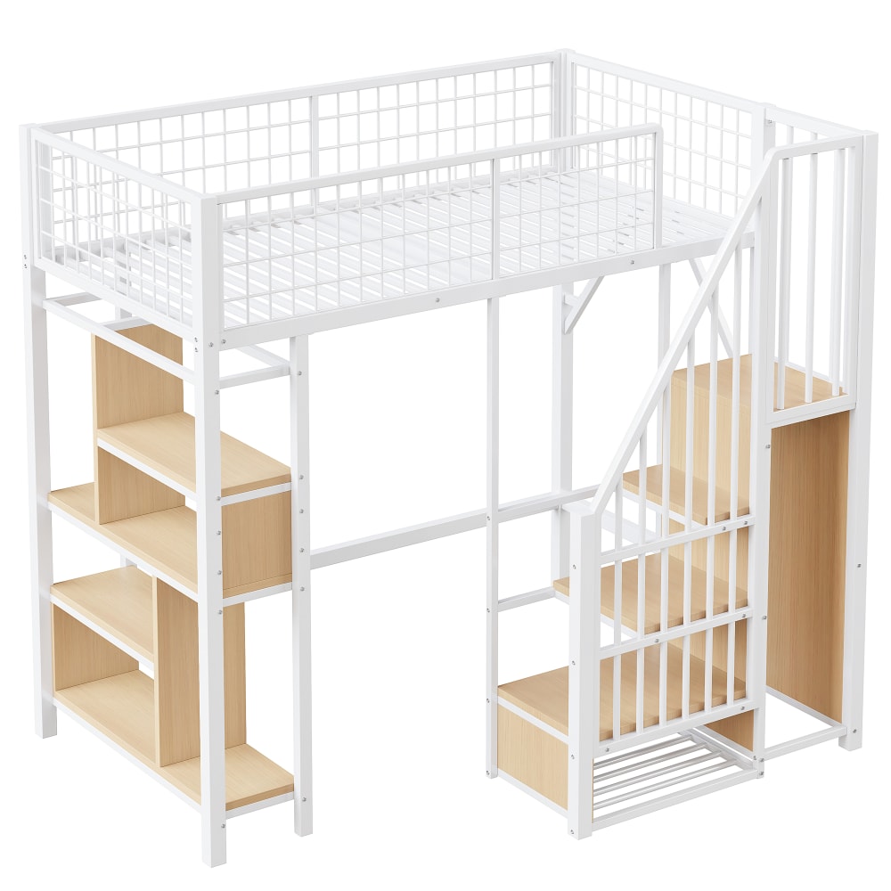 Lit mezzanine en métal blanc avec rangements et échelle 90 x 200 cm