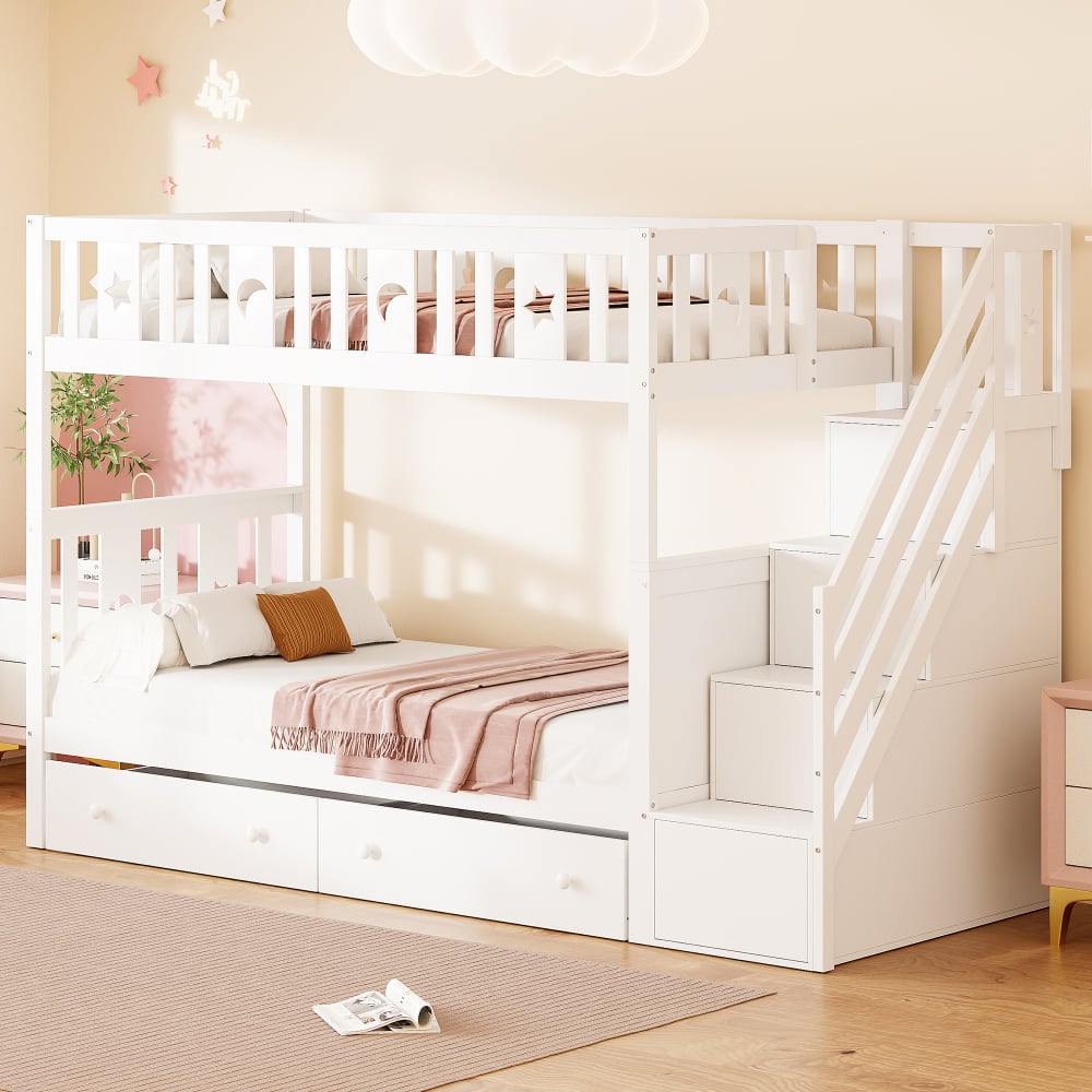 Etagenbett aus Massivholz mit Stauraumtreppe 90x200 cm，weiß -