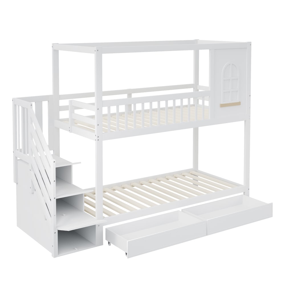 Lit superposé en bois blanc avec rangement et sécurité 90 x 200 cm
