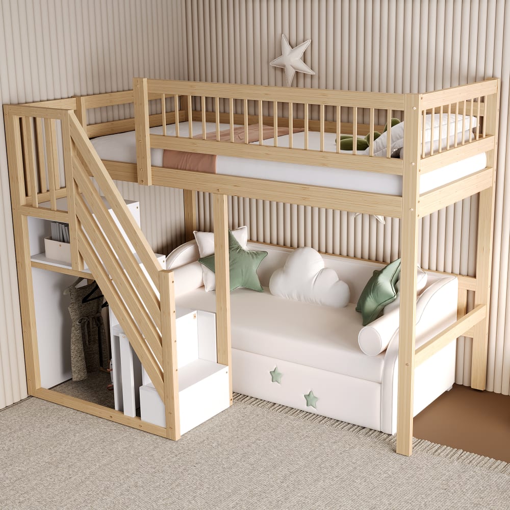OKWISH Hochbett 90x200 cm aus Massivholz mit Stauraumtreppe, natur style modern Braun Baby