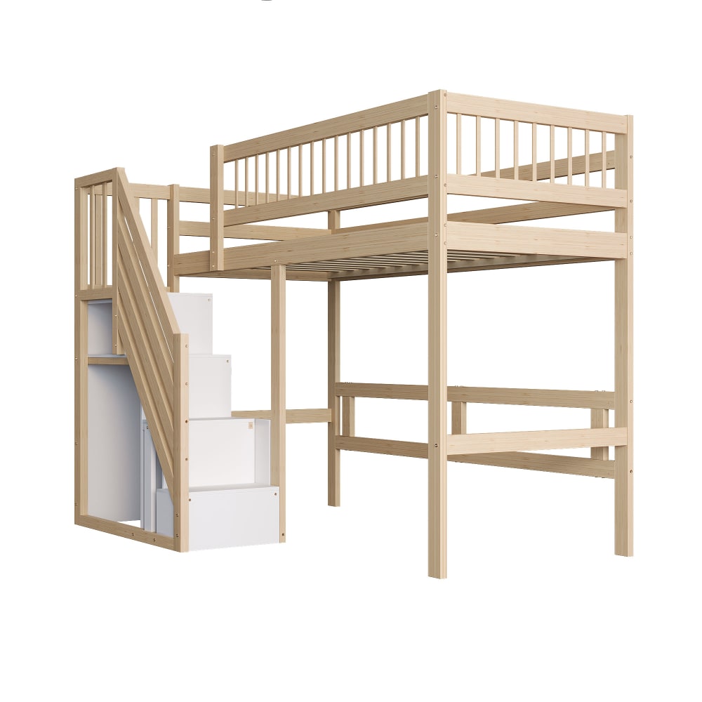 Hochbett 90x200 cm aus Massivholz mit Stauraumtreppe, natur -