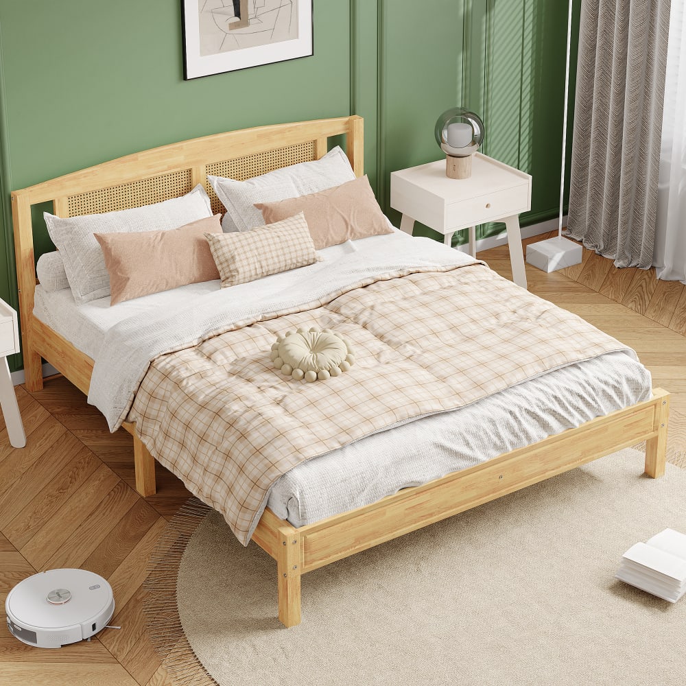 OKWISH Jugendbett aus Kiefer mit Rattannetzkissen 160x200 cm,natur BRAUN HOLZ Baby