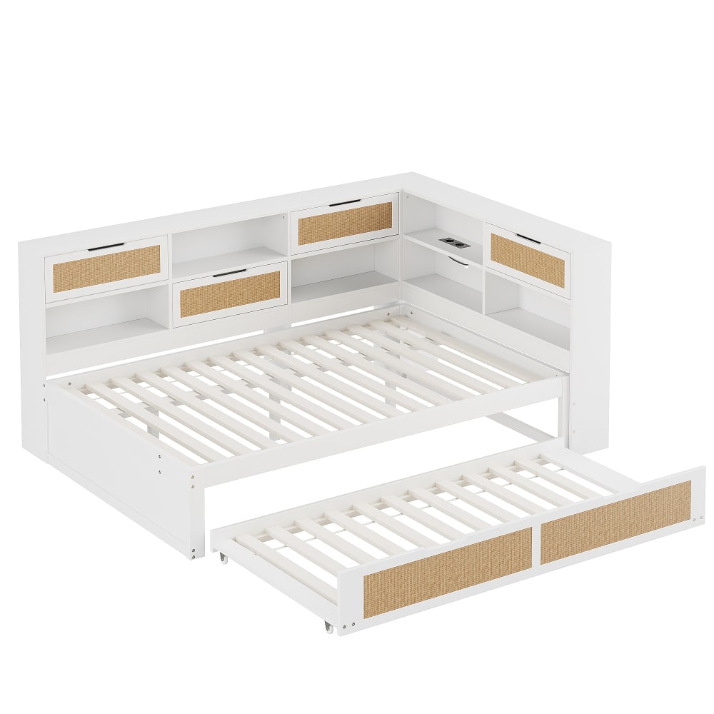 Lit enfant en pin blanc avec rangement et ports de charge 140 x 200 cm