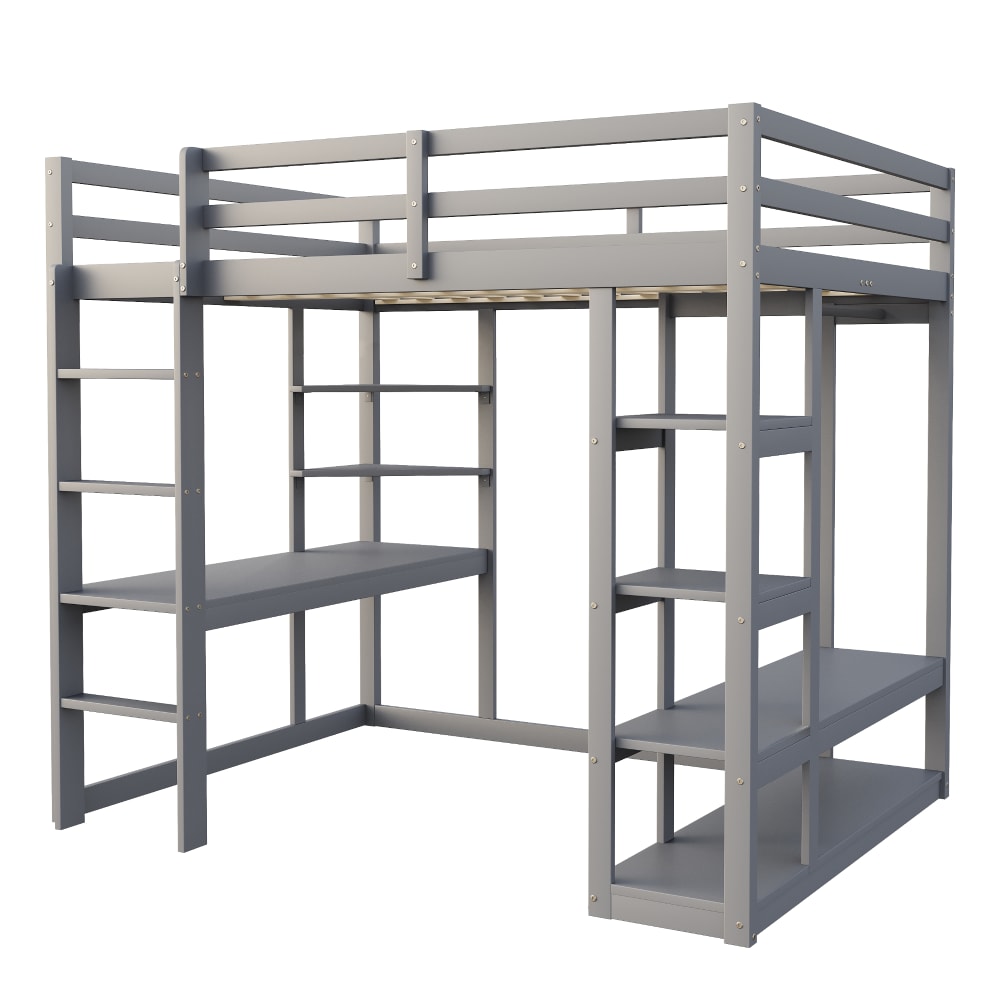 Lit mezzanine en bois gris avec bureau et rangements 140 x 200 cm