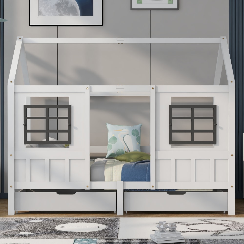 Hausbett aus Kiefer mit 2 Schubladen 90x200 cm,weiß - Maisons Du