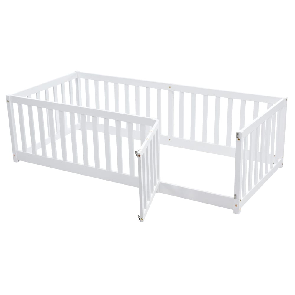 Lit enfant en pin blanc avec barrière et porte 90 x 200 cm Lit enfant en pin blanc avec barrière et porte 90 x 200 cm