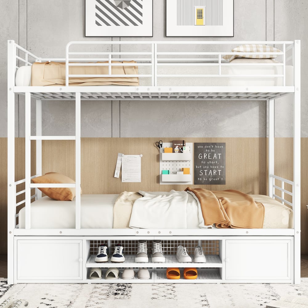 OKWISH Etagenbett aus Eisen mit Schuhablage 90x200 cm,weiß Metall Baby