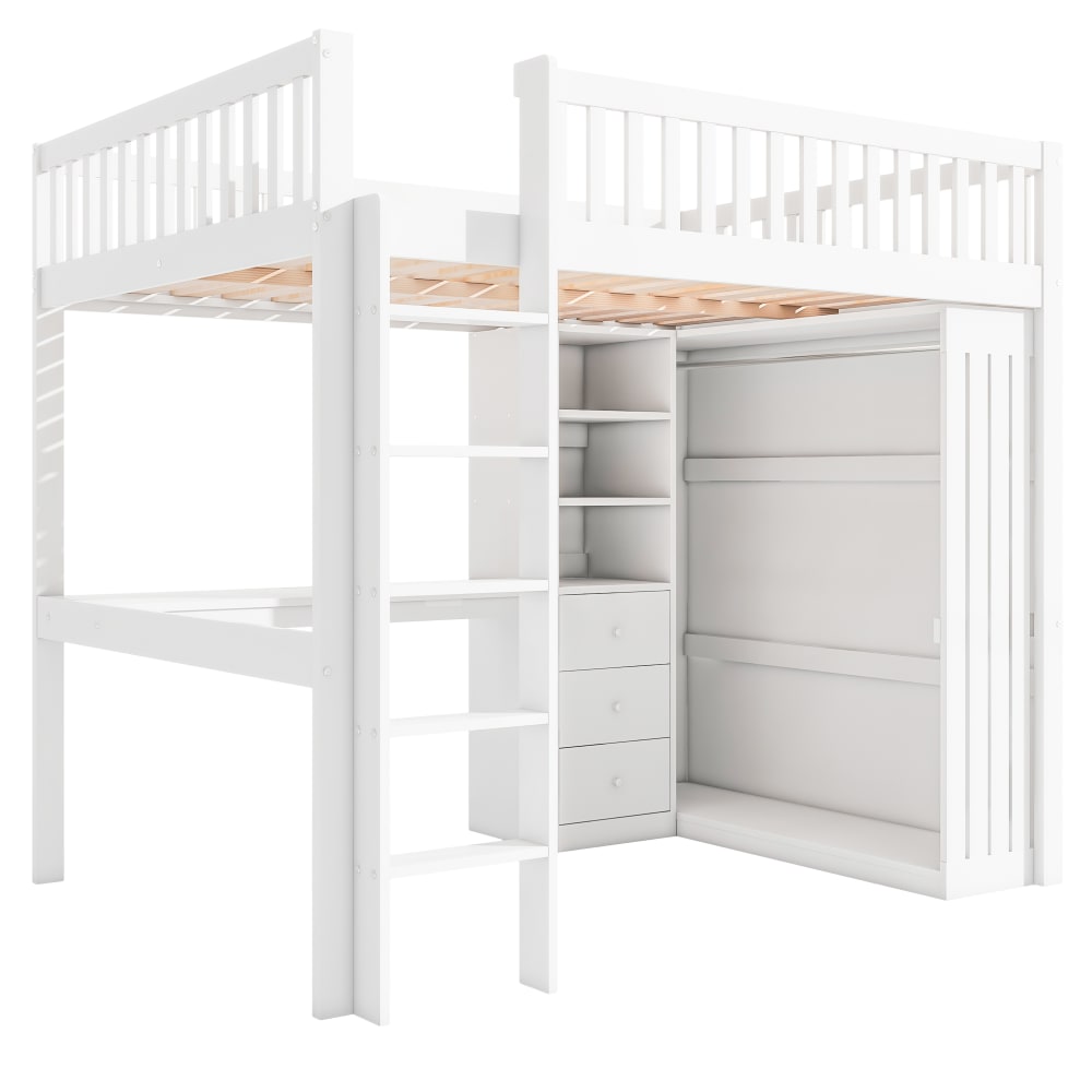 Lit mezzanine en pin blanc avec bureau et 3 tiroirs 140 x 200 cm