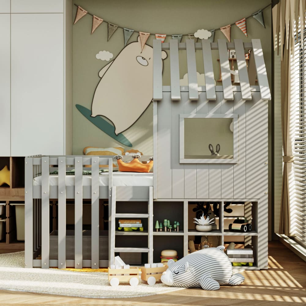 Kinderbett aus Massivholz mit Dach und Stauraum 90x200 cm, grau -