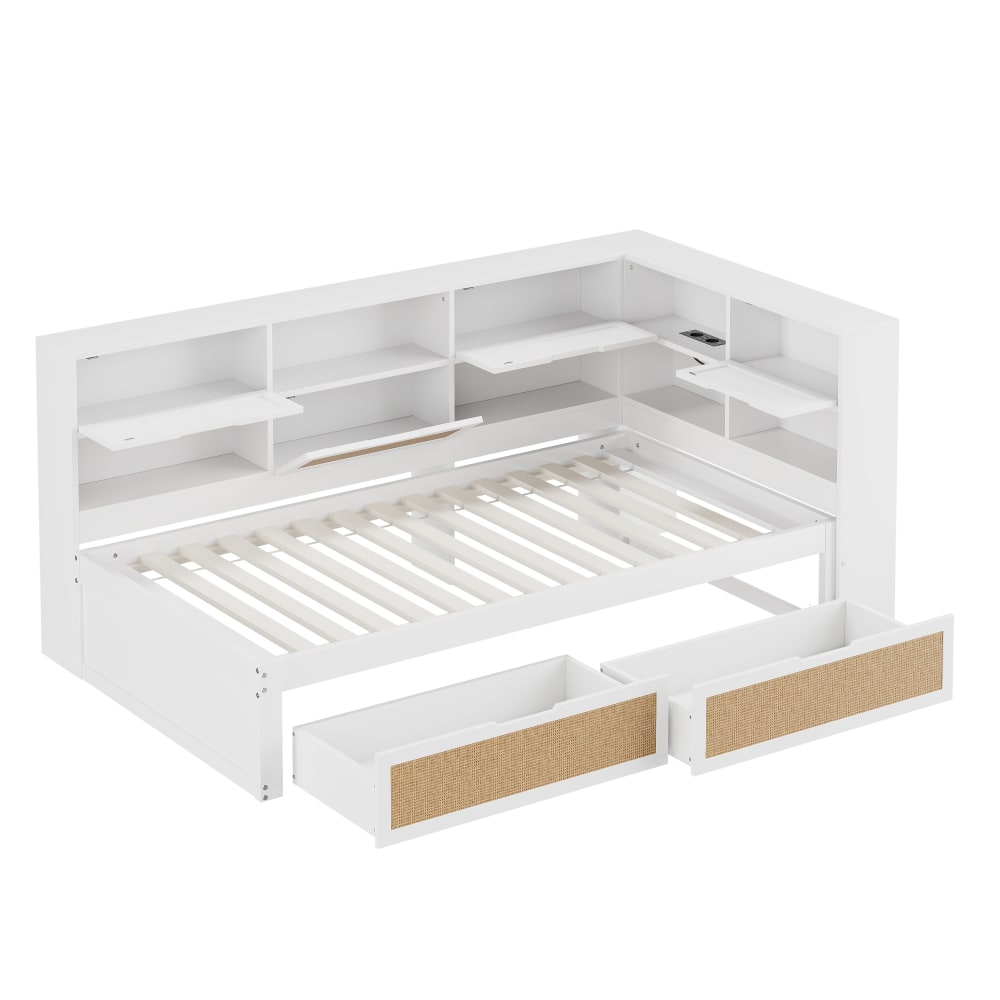 Lit enfant en bois blanc avec rangements et prises USB 90 x 200 cm