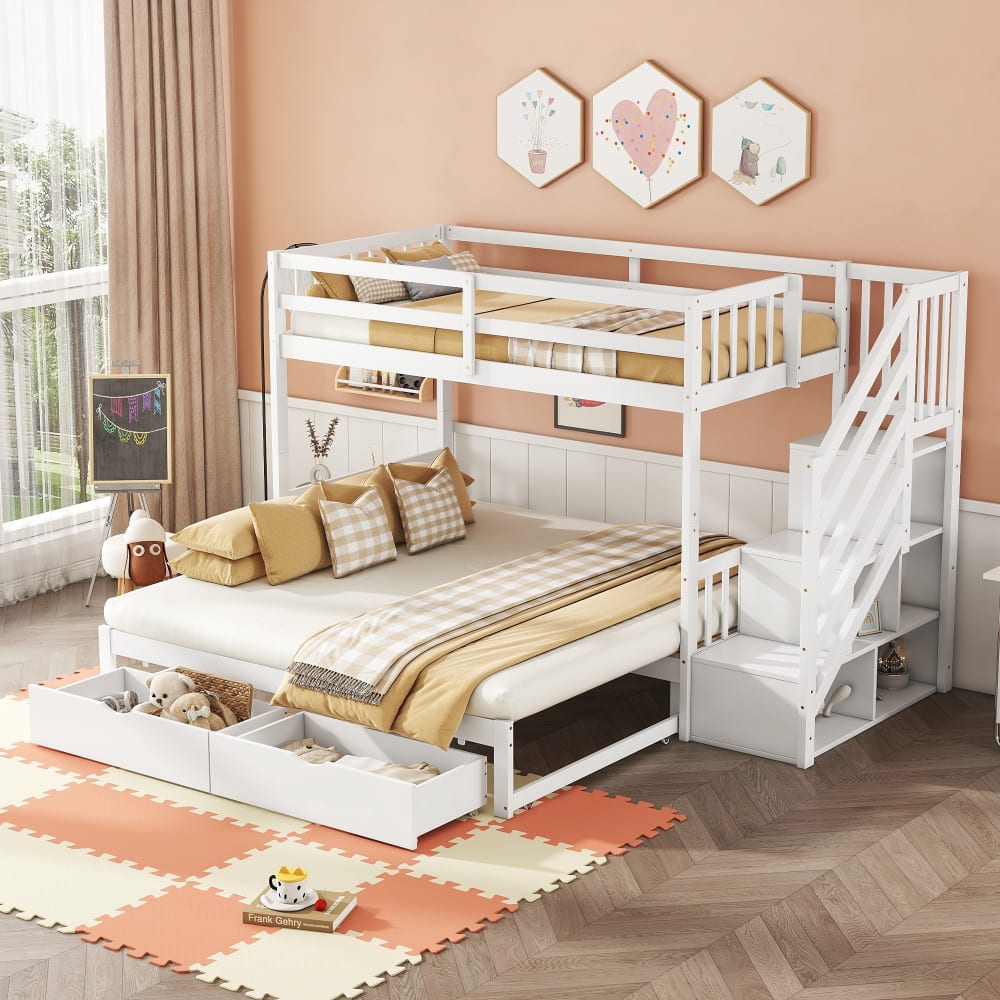 Lit superposé en pin blanc avec lit gigogne et 2 tiroirs 90 x 200 cm