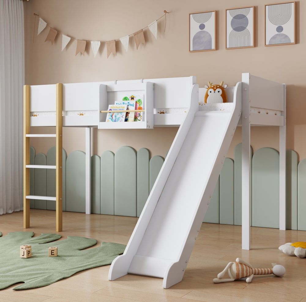 OKWISH Hochbett aus Kiefer mit Rutsche und Regal 90x200 cm,weiß+natur Holz Baby