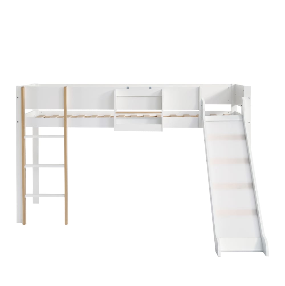 Hochbett aus Kiefer mit Rutsche und Regal 90x200 cm,weiß+natur -