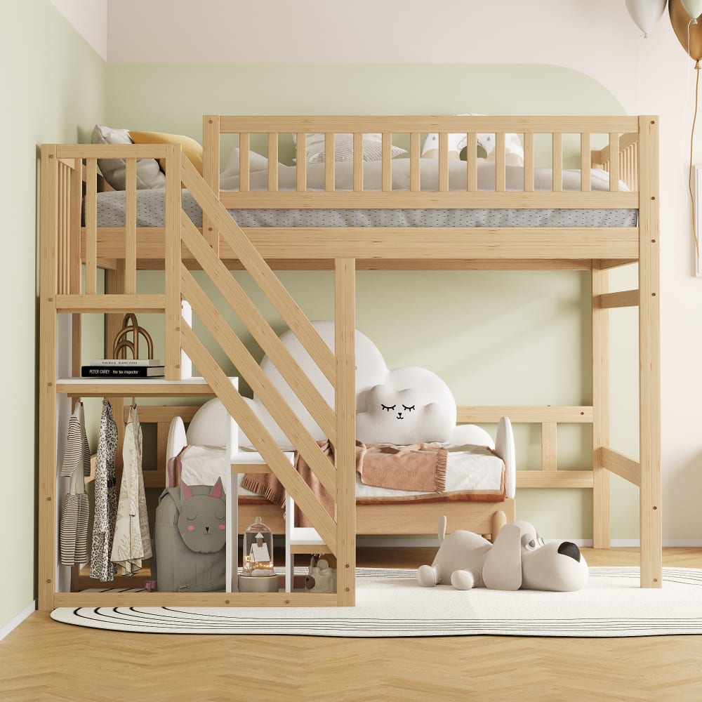 Lit mezzanine en bois avec échelle de rangement 140 x 200 cm