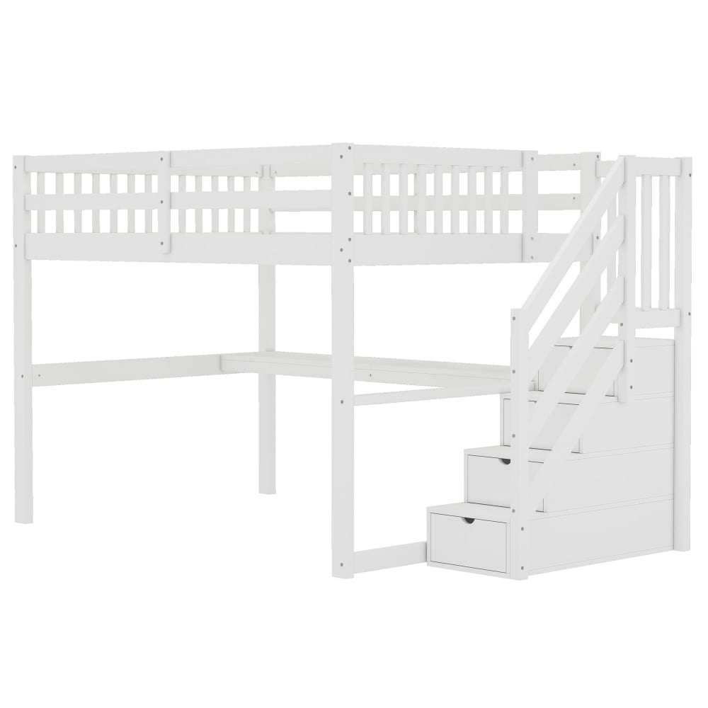 OKWISH Hochbett aus Kiefer mit Stauraum und Schreibtisch 140x200 cm, weiß Holz Baby