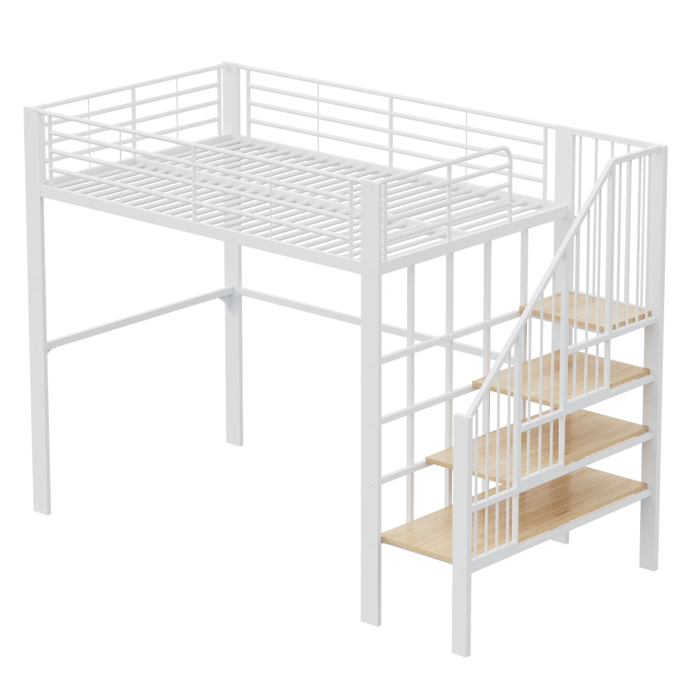 Lit mezzanine en métal blanc avec rangement et échelle 140 x 200 cm