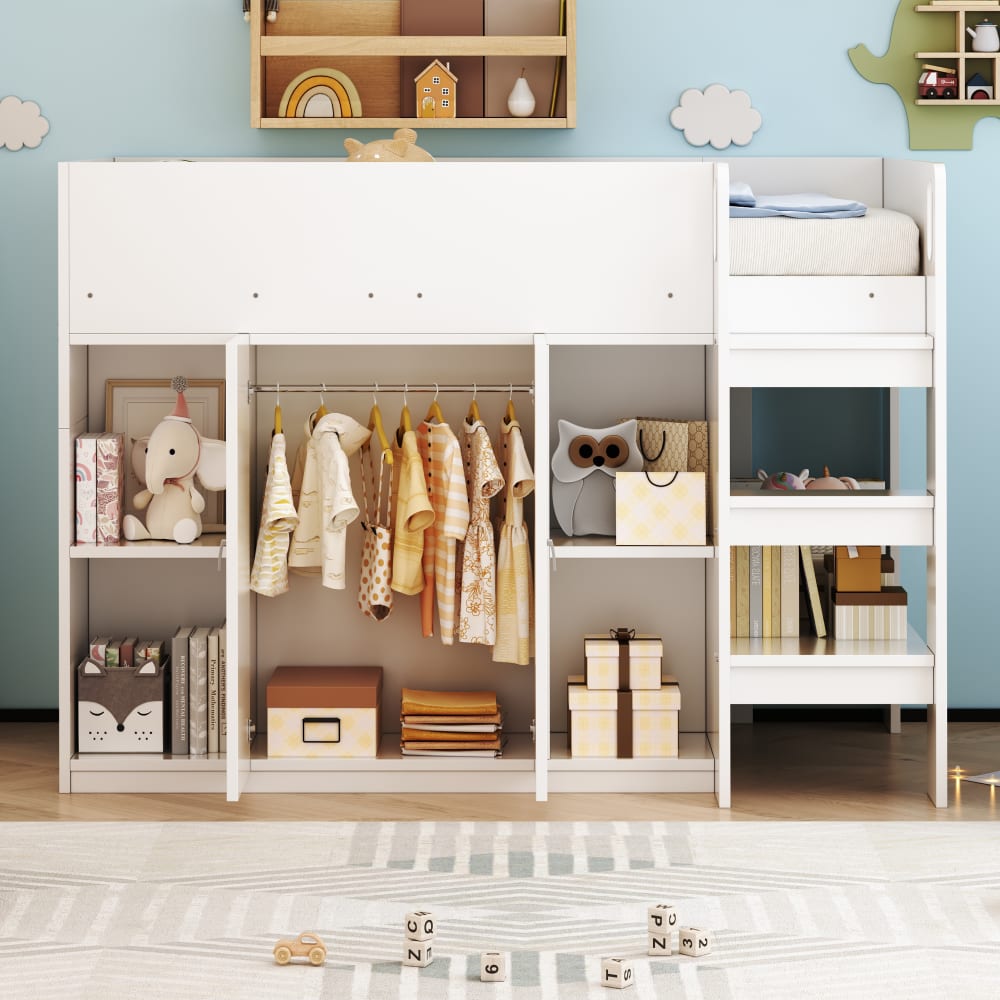 Lit mezzanine en bois blanc avec rangement et échelle 90 x 200 cm