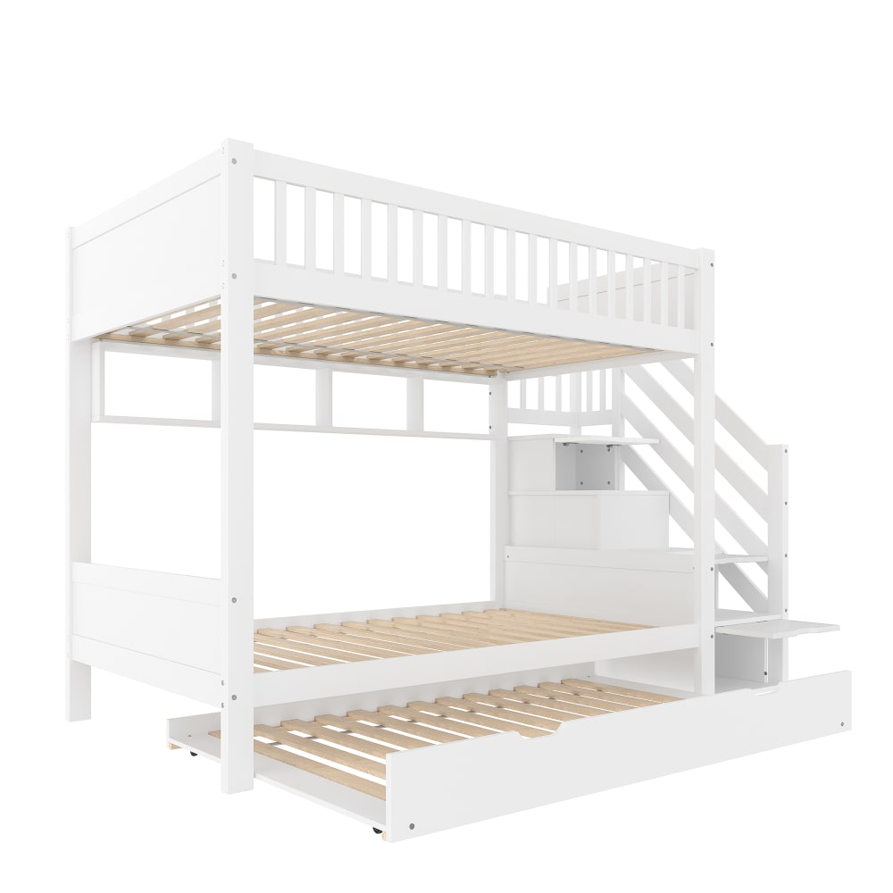 Lit superposé 90 x 200 cm en pin blanc avec lit gigogne et rangement Lit superposé 90 x 200 cm en pin blanc avec lit gigogne et rangement