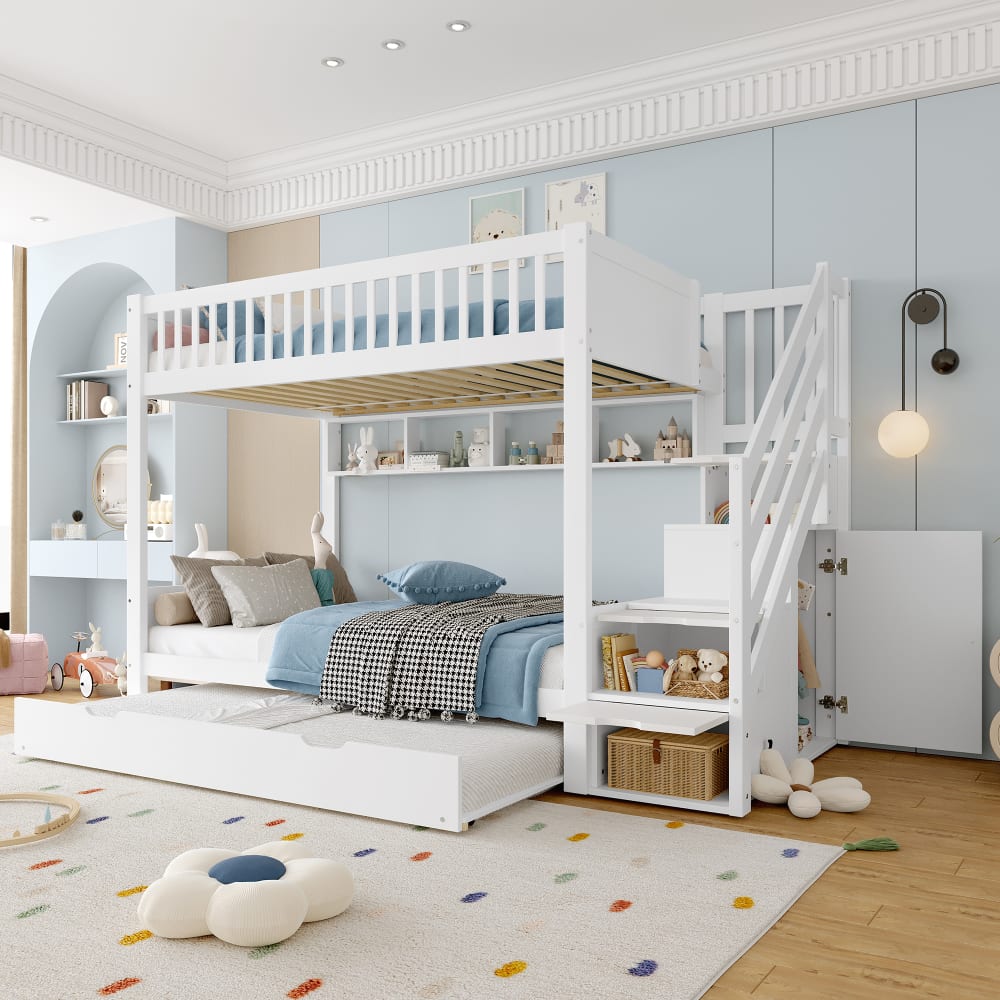 Lit superposé en pin blanc avec rangement et lit amovible 90 x 200 cm