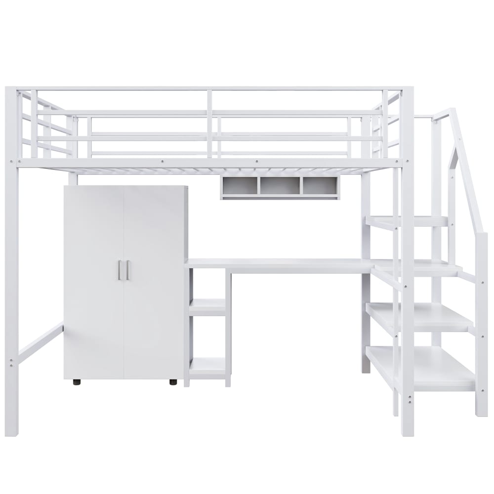 Lit mezzanine en métal blanc avec bureau et rangement 140 x 200 cm
