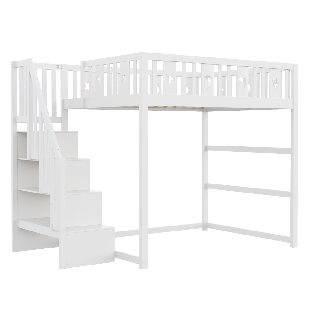 OKWISH Hochbett aus Massivholz mit Treppe und Geländer 140x200 cm,weiß Baby -