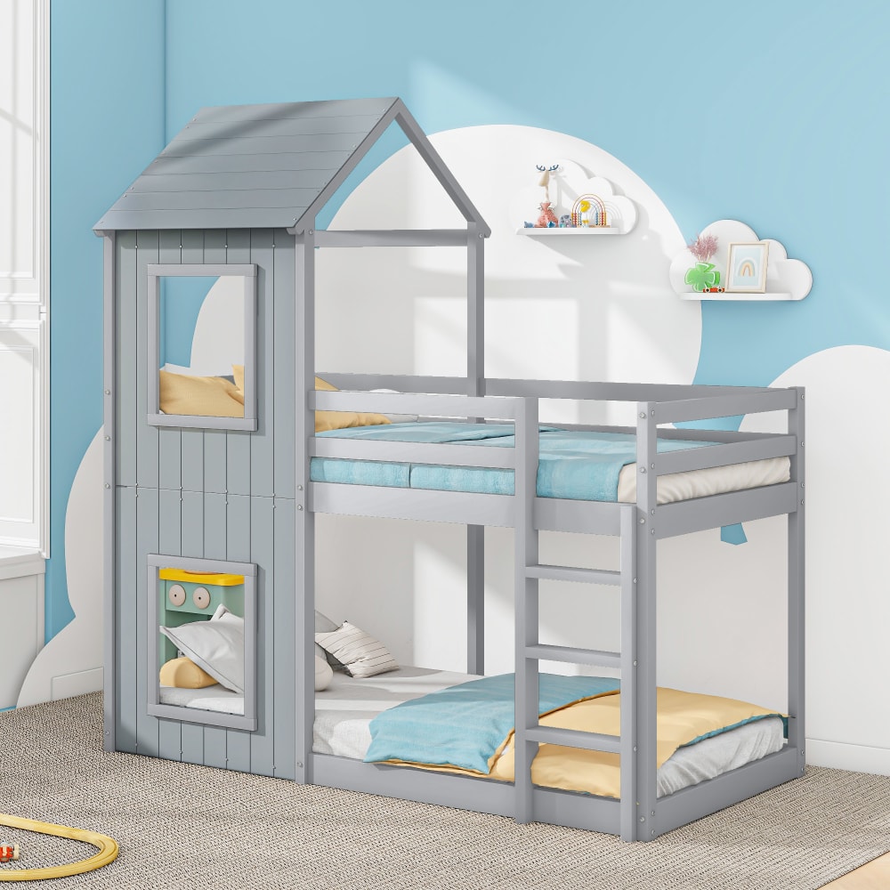 Lit superposé en pin gris avec échelle et baldaquin 90 x 200 cm