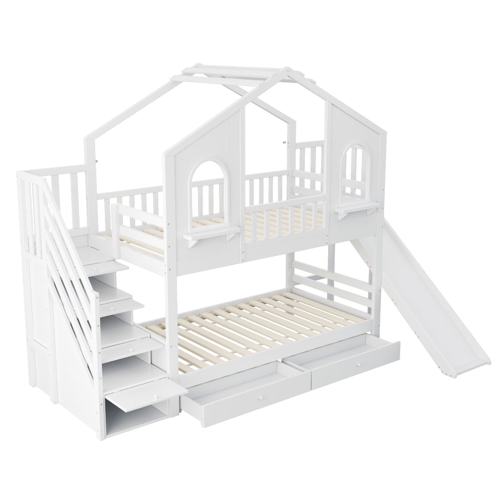 OKWISH Etagenbett aus Kiefer mit Rutsche und Stauraum 90x200 cm,weiß Holz Baby