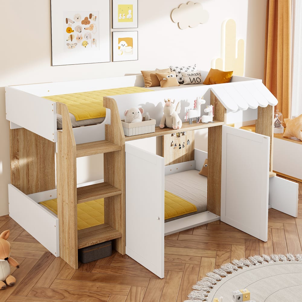 Kinderbett aus Kiefer mit Stauraum und Leiter 90x200 cm，weiß -