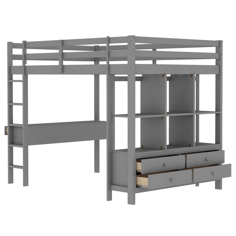 Lit mezzanine en pin gris avec bureau et tiroirs 140 x 200 cm