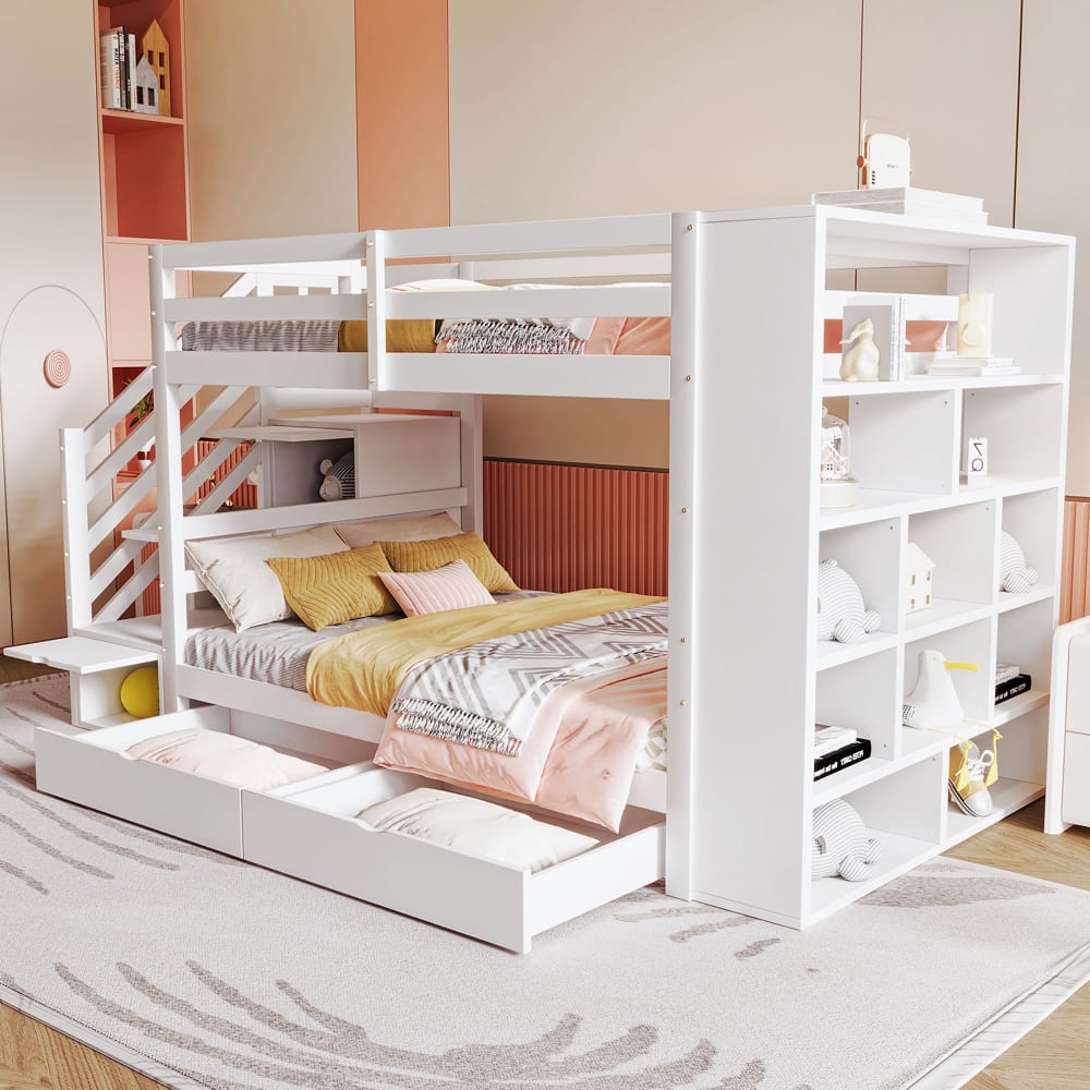 Etagenbett aus Kiefer mit Sicherheitstreppe 90x200 cm，weiß -