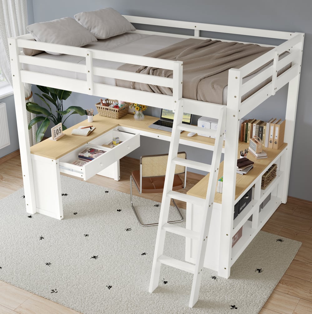 OKWISH Hochbett 140x200 cm aus Kiefer mit U-förmigem Langtisch,weiß+natur style modern Holz Baby