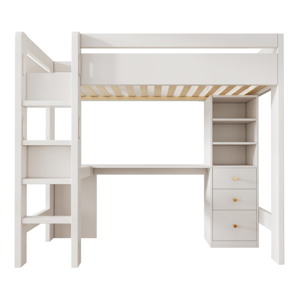 Lit mezzanine en bois blanc avec bureau et rangement 90 x 200 cm