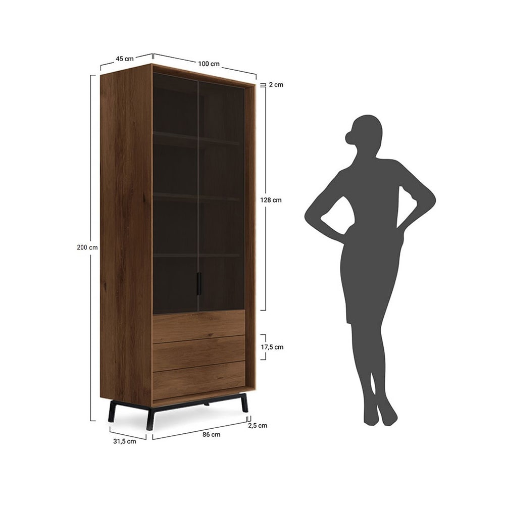 Vitrine modernes Design aus Massivholz 100x45x200cm, eiche tabak