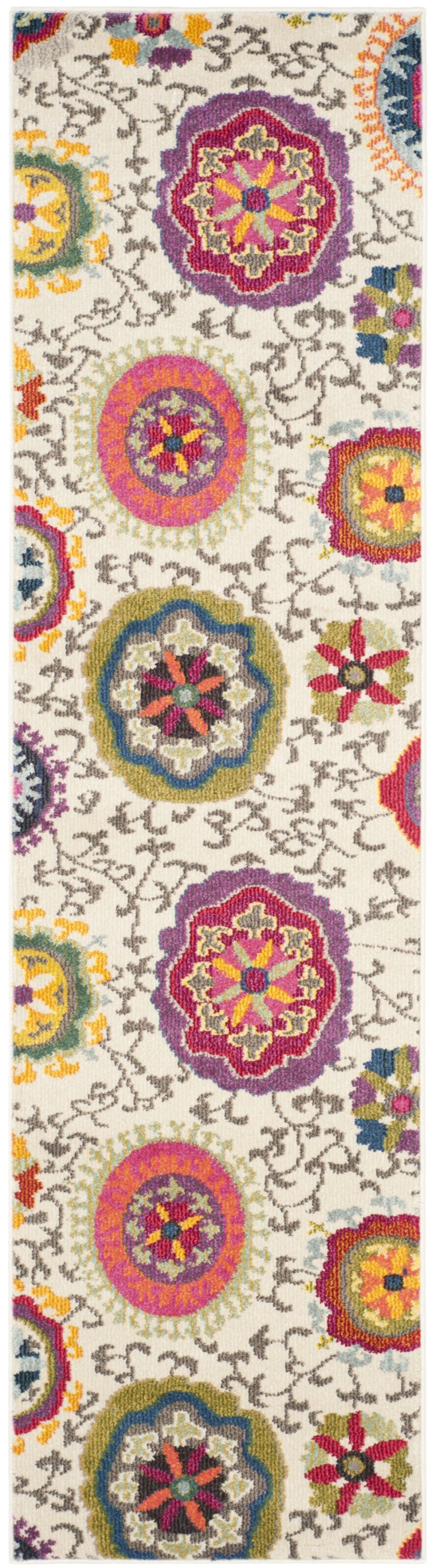 Tapis bohème chic en polypropylène blanc/multicolore, 66 x 366 cm