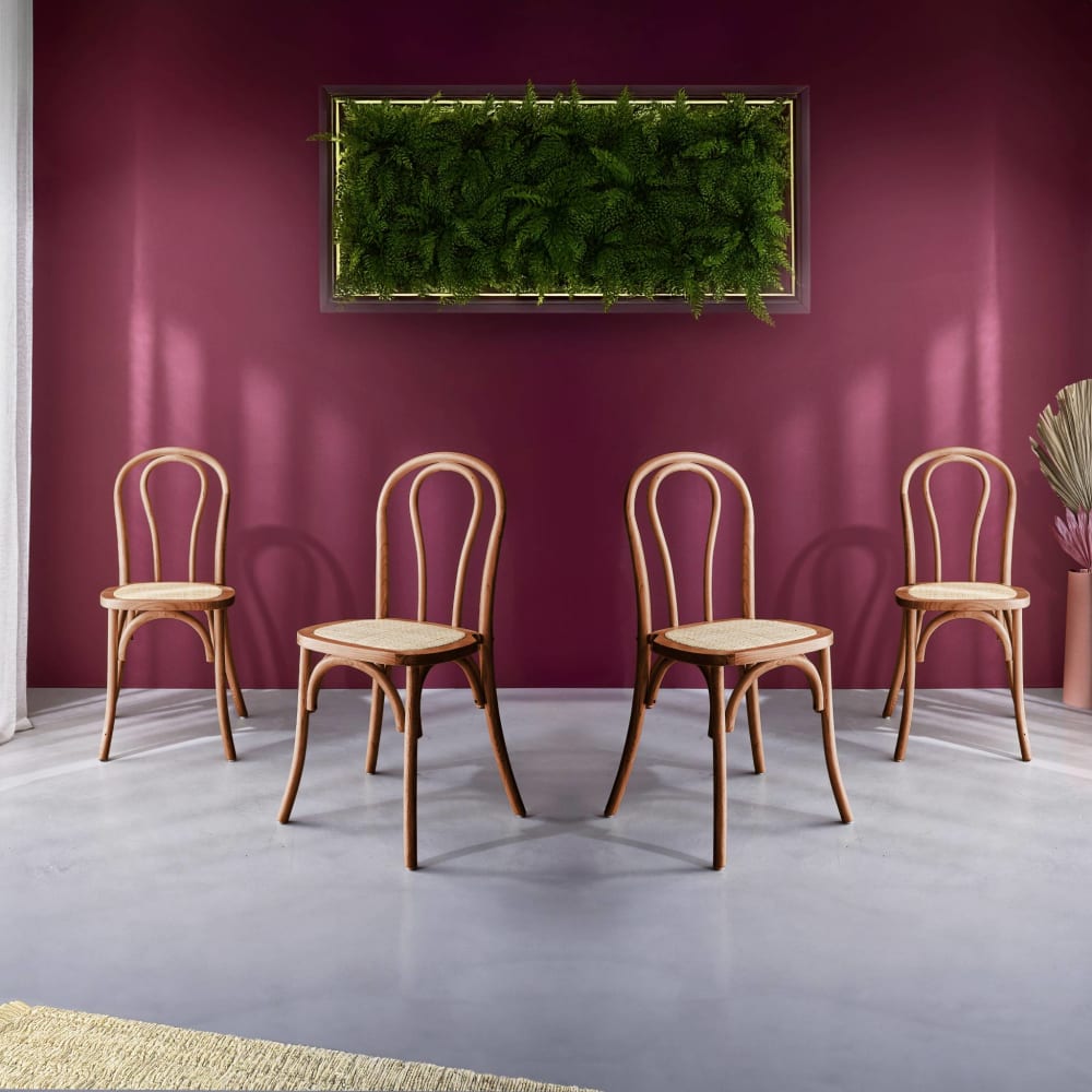 Lot de 4 chaises vintage bois et rotin, effet noyer