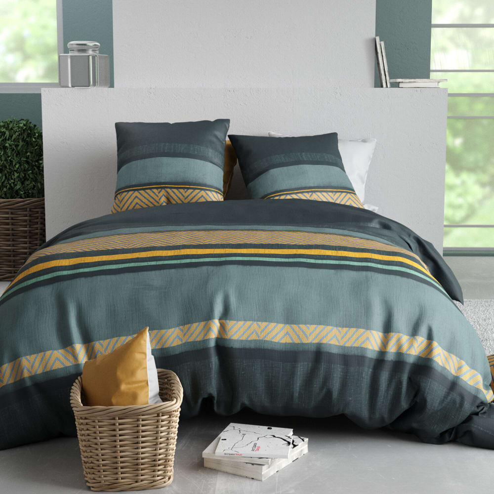 Parure housse de couette coton imprimée + 2 taies 260x240 cm