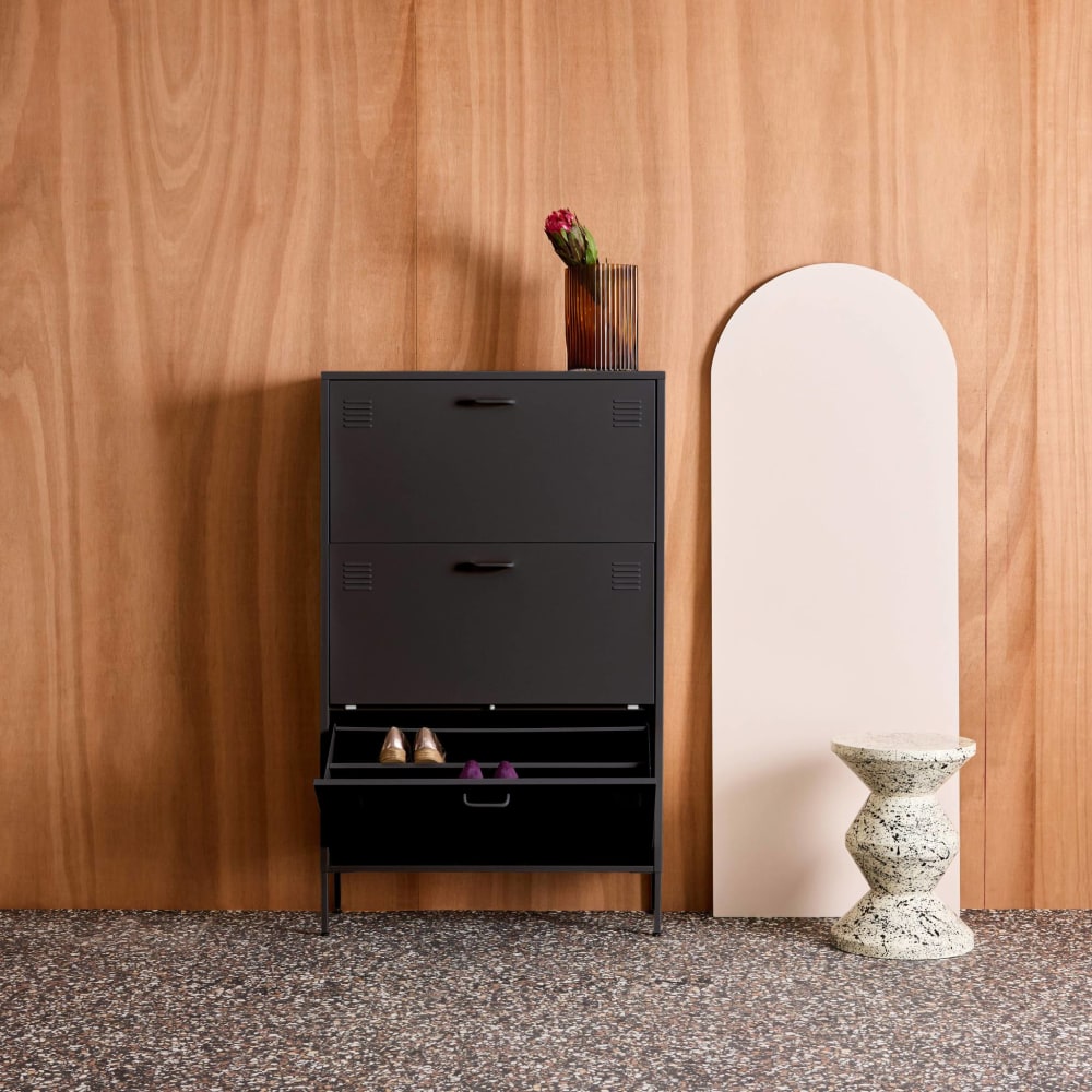 Meuble à chaussures industriel métal noir 3 abattants