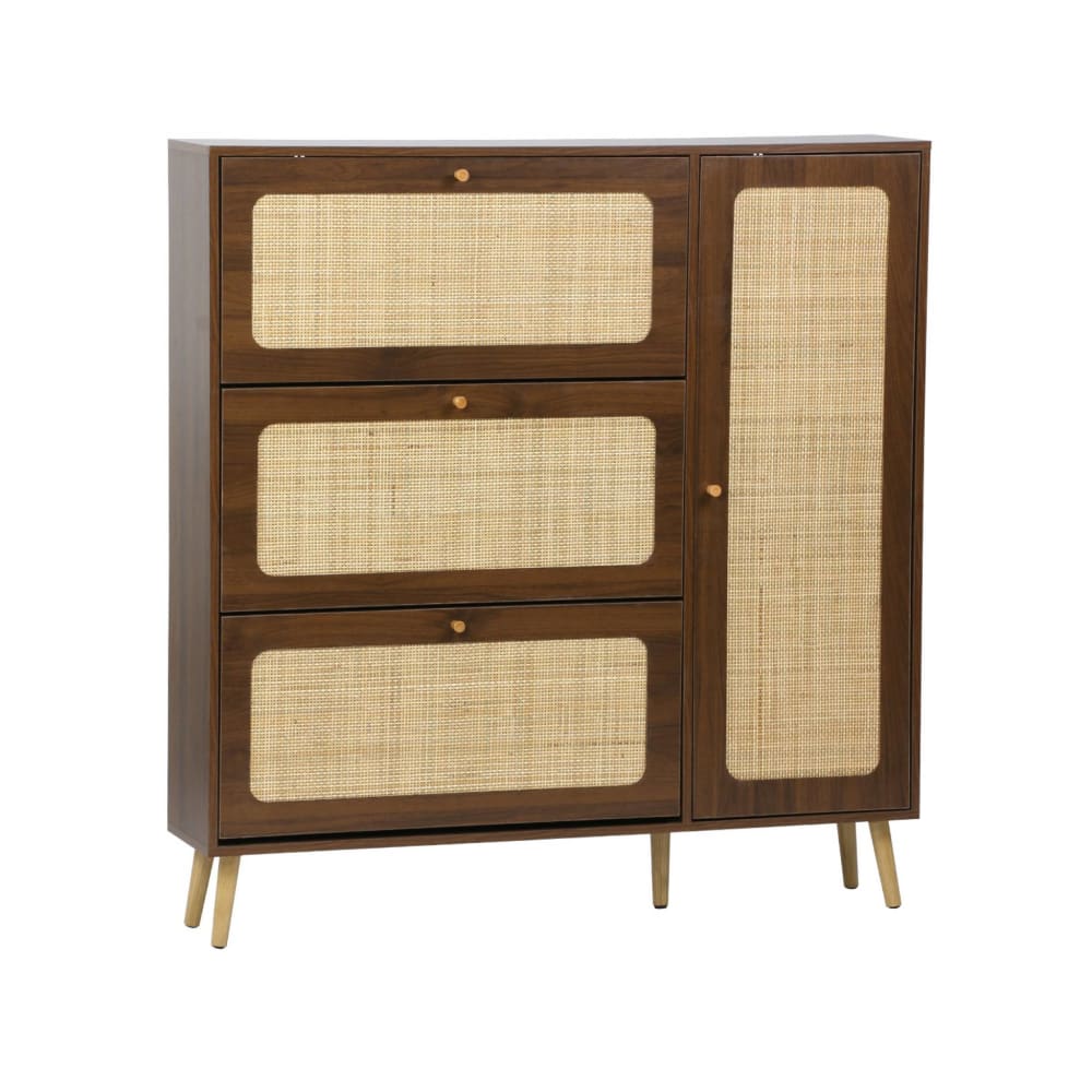 sweeek Schuhschrank mit Rattan-Geflecht und 3 Klapptüren nussbaumfarben B 120 style classic chic Braun Holz